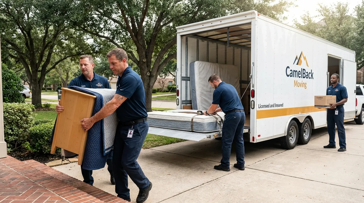 Crew loading residential truck for cross-state move from Hallsville, TX