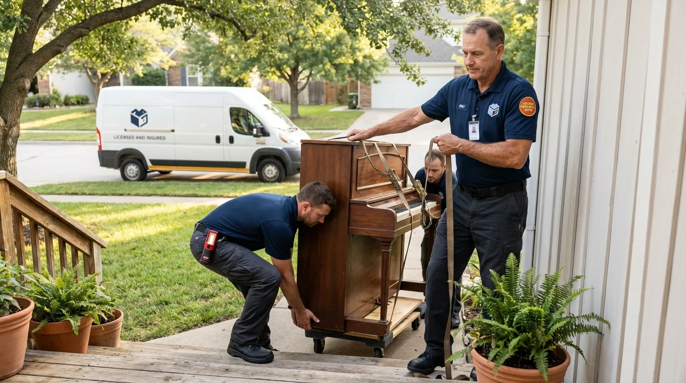 Licensed piano movers securing grand piano in Hallsville, TX