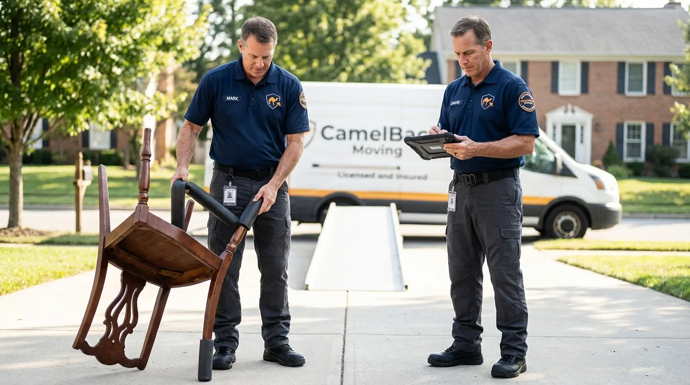 Movers inspecting furniture for damage prevention before loading in Hallsville, TX