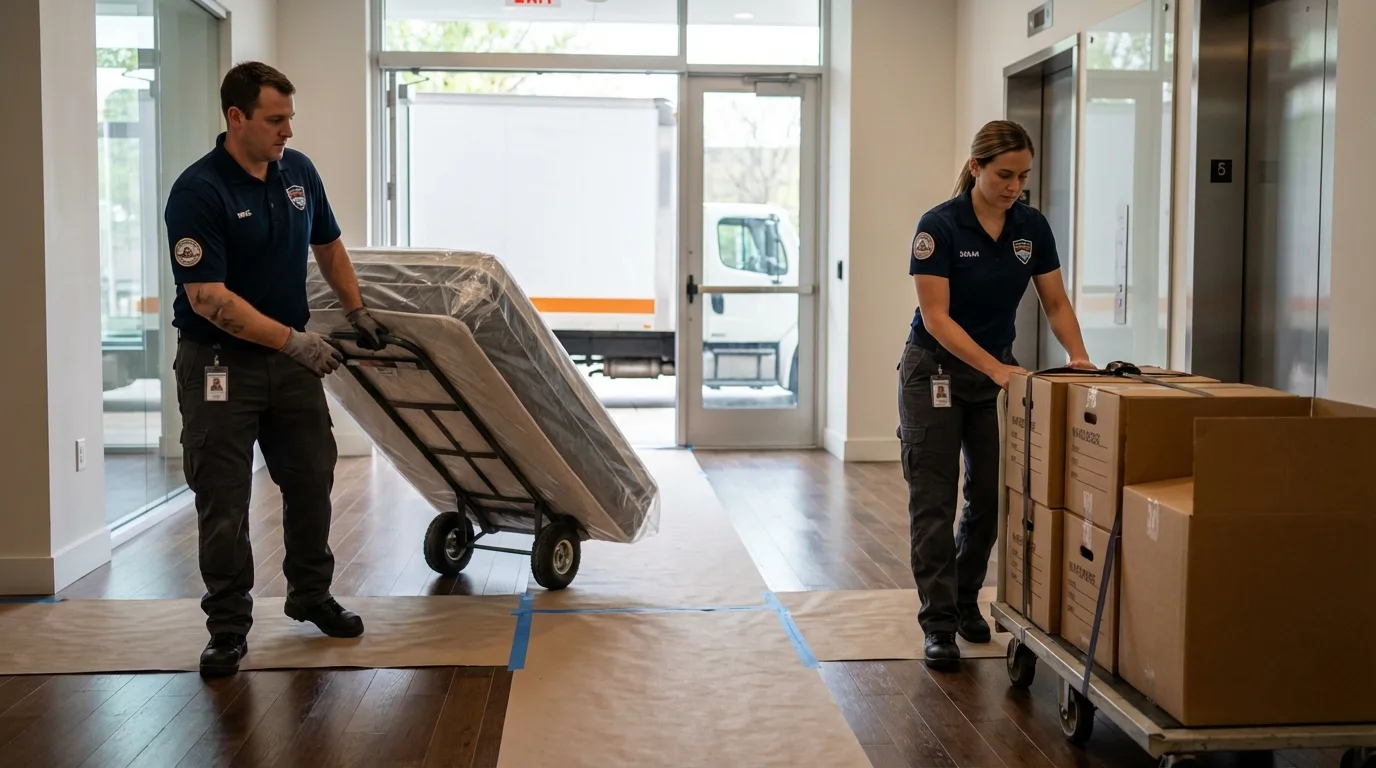Professional apartment movers loading elevator in Hallsville, TX